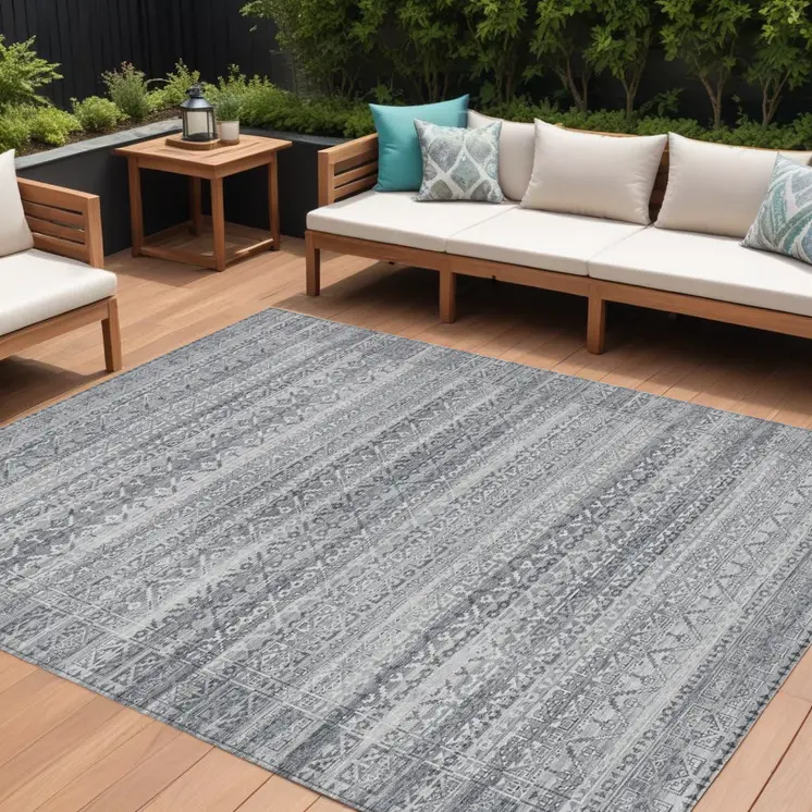 10' X 14' Gray And Silver Striped Washable Indoor Outdoor Area Rug