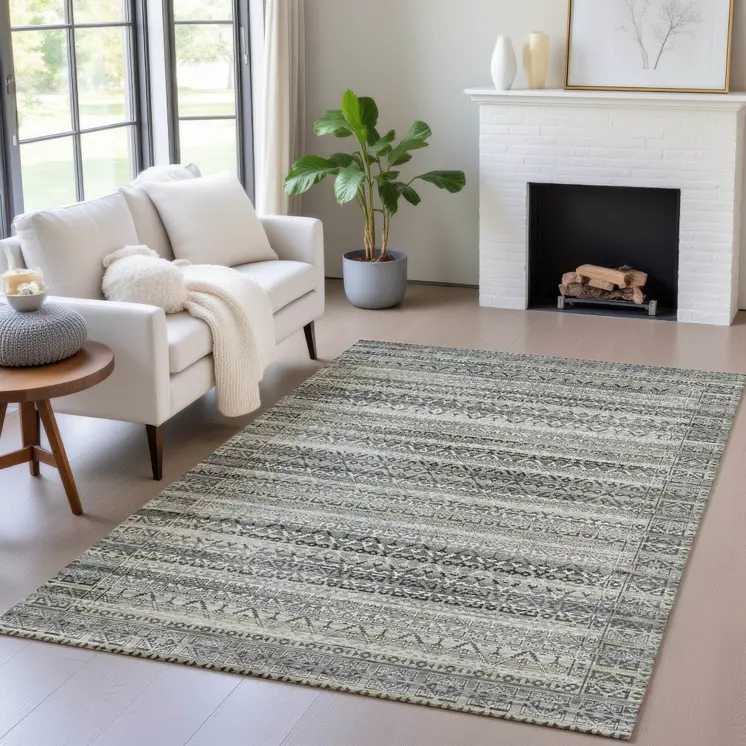 3' X 5' Pewter And Charcoal Striped Washable Indoor Outdoor Area Rug