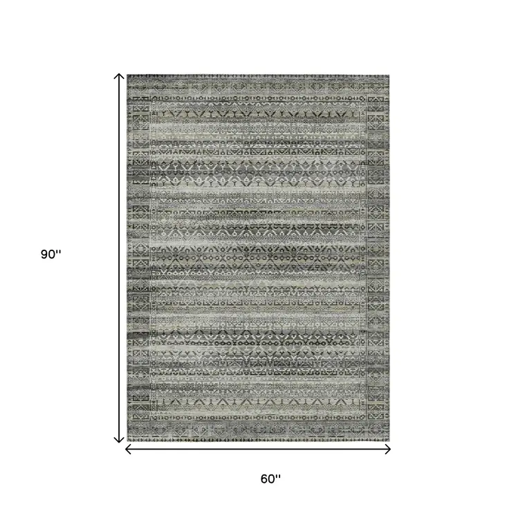 5' X 8' Pewter And Charcoal Striped Washable Indoor Outdoor Area Rug
