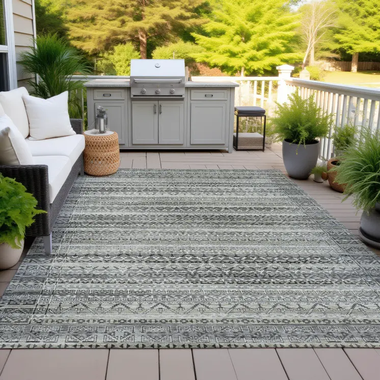 5' X 8' Pewter And Charcoal Striped Washable Indoor Outdoor Area Rug