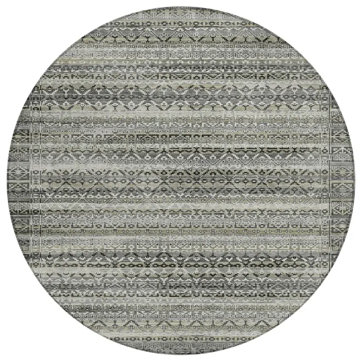 8' Pewter And Charcoal Round Striped Washable Indoor Outdoor Area Rug