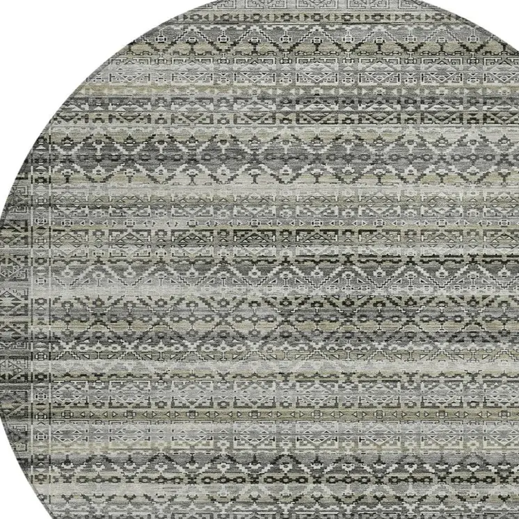 8' Pewter And Charcoal Round Striped Washable Indoor Outdoor Area Rug