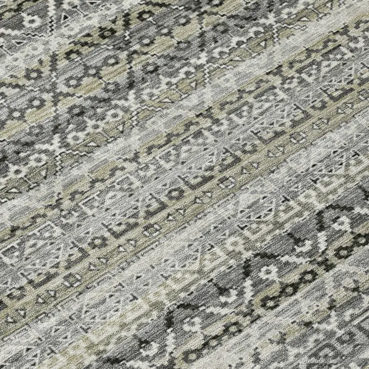 8' Pewter And Charcoal Round Striped Washable Indoor Outdoor Area Rug