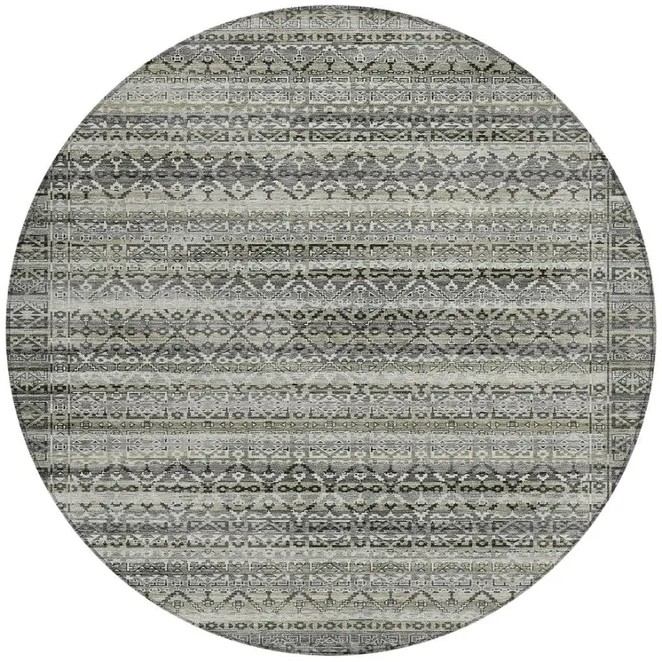 8' Pewter And Charcoal Round Striped Washable Indoor Outdoor Area Rug