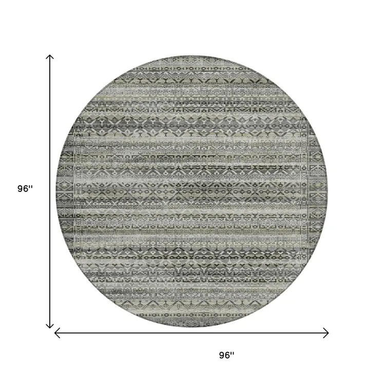 8' Pewter And Charcoal Round Striped Washable Indoor Outdoor Area Rug