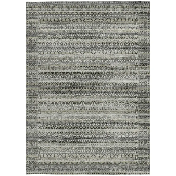 9' X 12' Pewter And Charcoal Striped Washable Indoor Outdoor Area Rug
