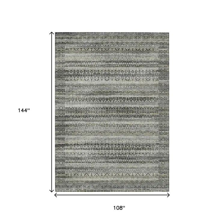 9' X 12' Pewter And Charcoal Striped Washable Indoor Outdoor Area Rug
