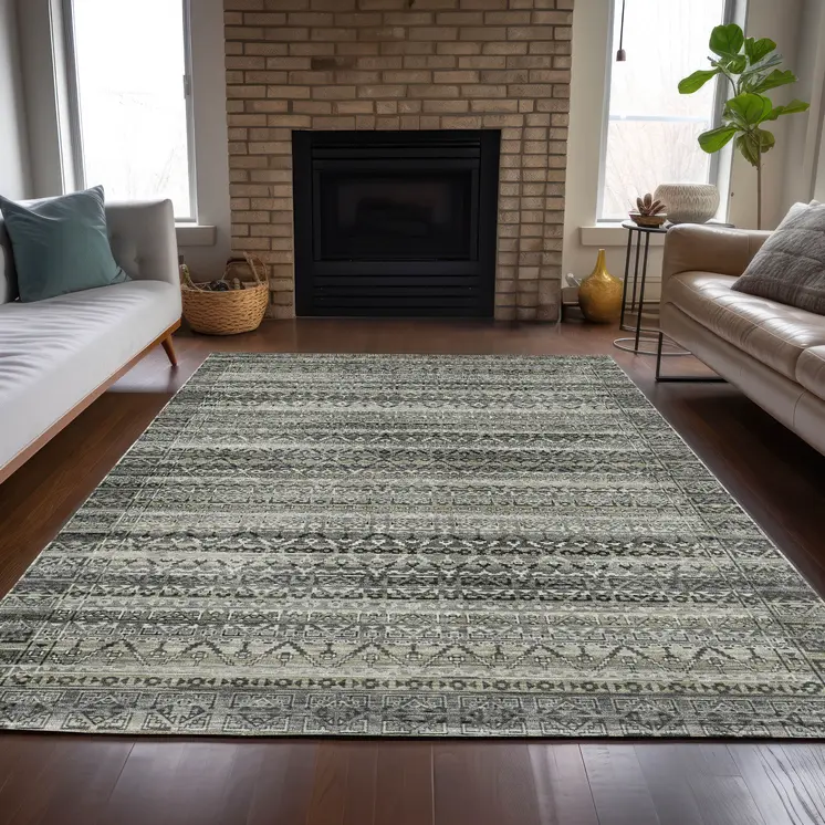 10' X 14' Pewter And Charcoal Striped Washable Indoor Outdoor Area Rug