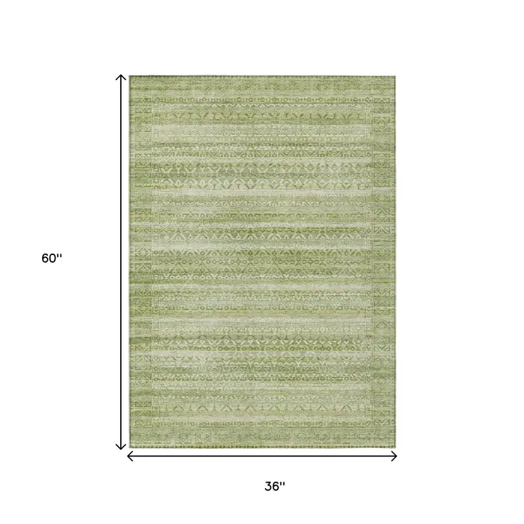 3' X 5' Sage And Ivory Striped Washable Indoor Outdoor Area Rug
