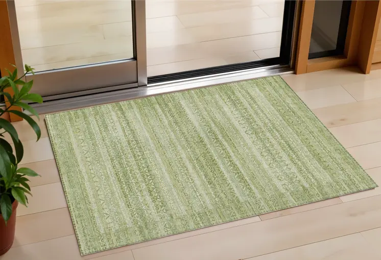 3' X 5' Sage And Ivory Striped Washable Indoor Outdoor Area Rug