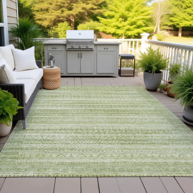 3' X 5' Sage And Ivory Striped Washable Indoor Outdoor Area Rug