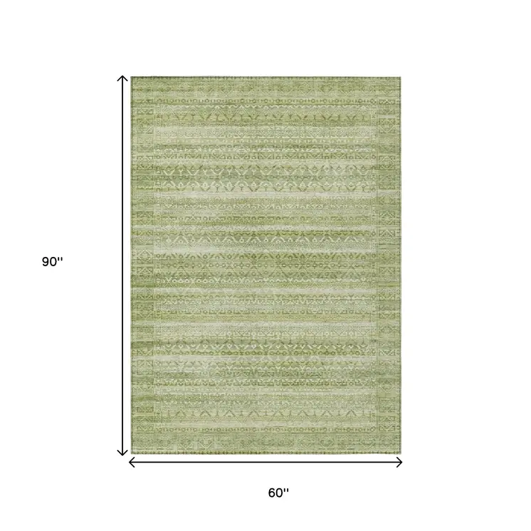 5' X 8' Sage And Ivory Striped Washable Indoor Outdoor Area Rug