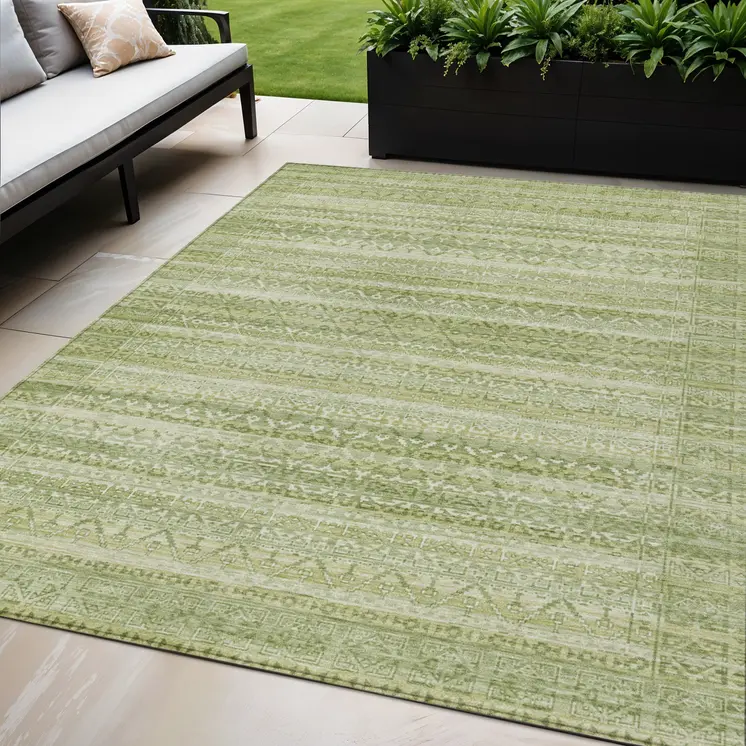 5' X 8' Sage And Ivory Striped Washable Indoor Outdoor Area Rug