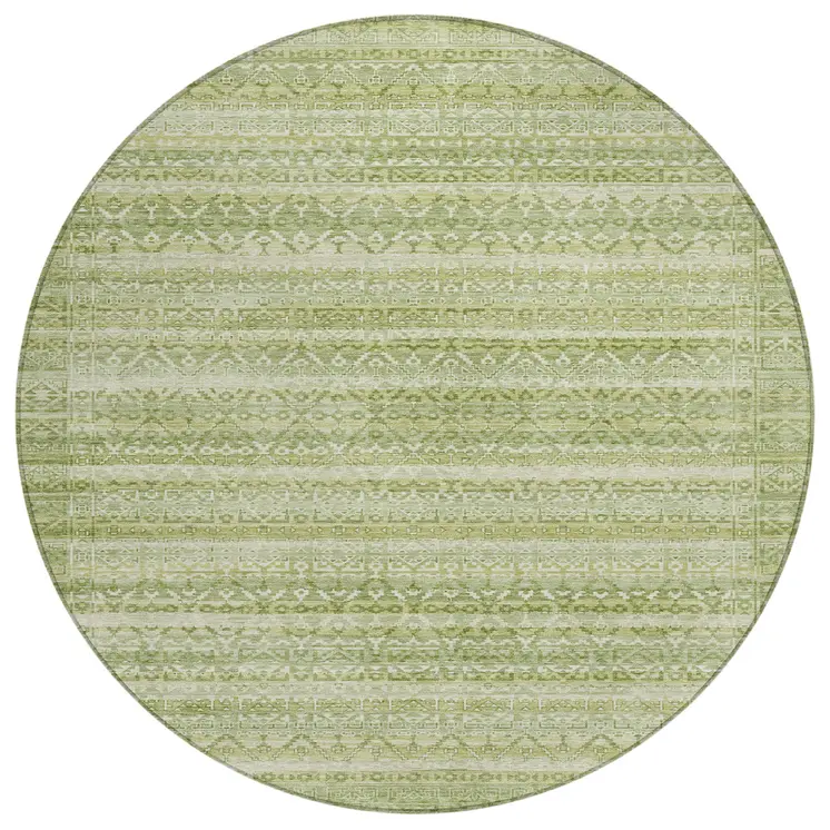 8' Sage And Ivory Round Striped Washable Indoor Outdoor Area Rug