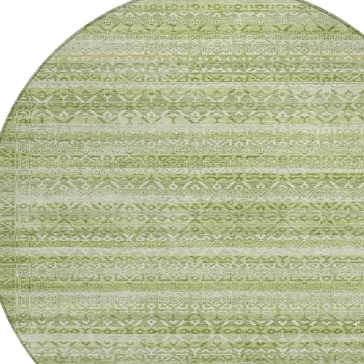 8' Sage And Ivory Round Striped Washable Indoor Outdoor Area Rug
