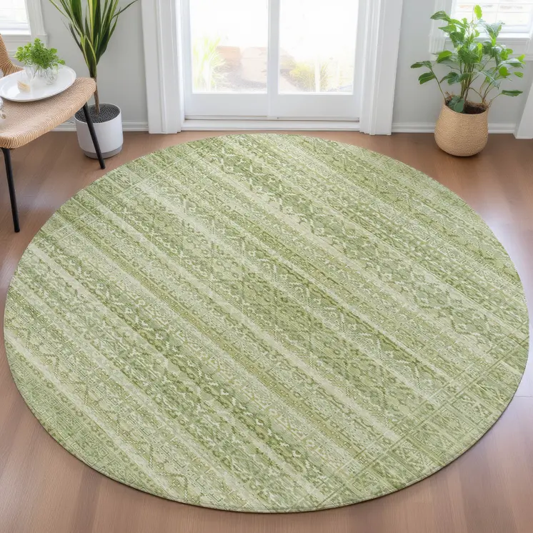 8' Sage And Ivory Round Striped Washable Indoor Outdoor Area Rug