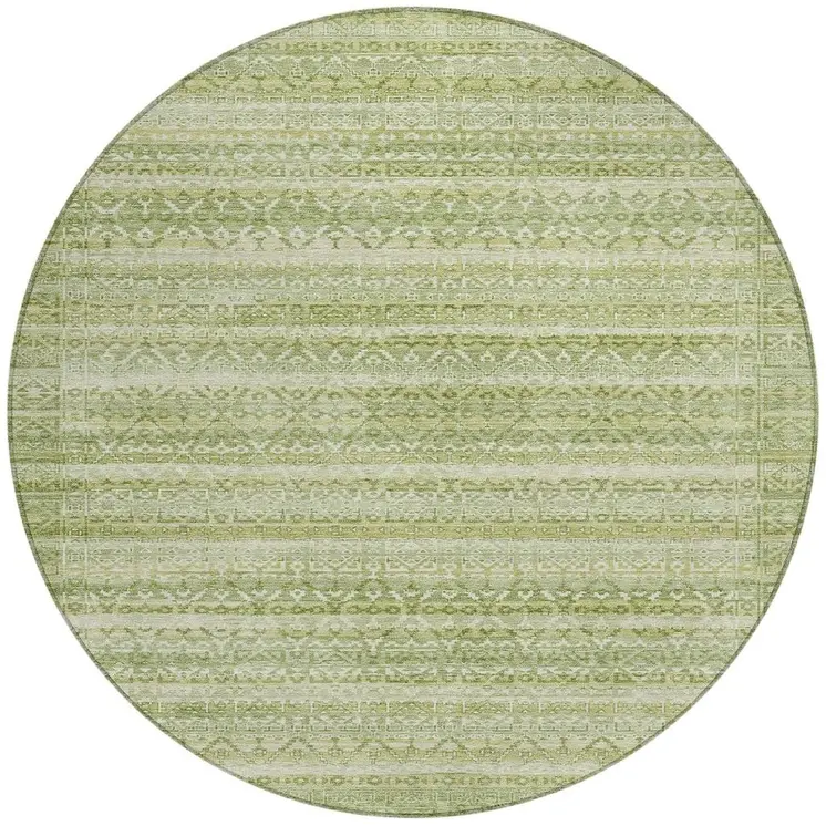 8' Sage And Ivory Round Striped Washable Indoor Outdoor Area Rug