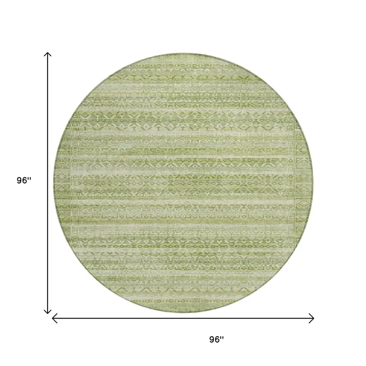8' Sage And Ivory Round Striped Washable Indoor Outdoor Area Rug