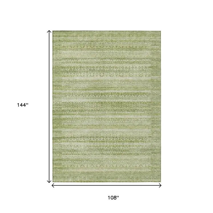 9' X 12' Sage And Ivory Striped Washable Indoor Outdoor Area Rug
