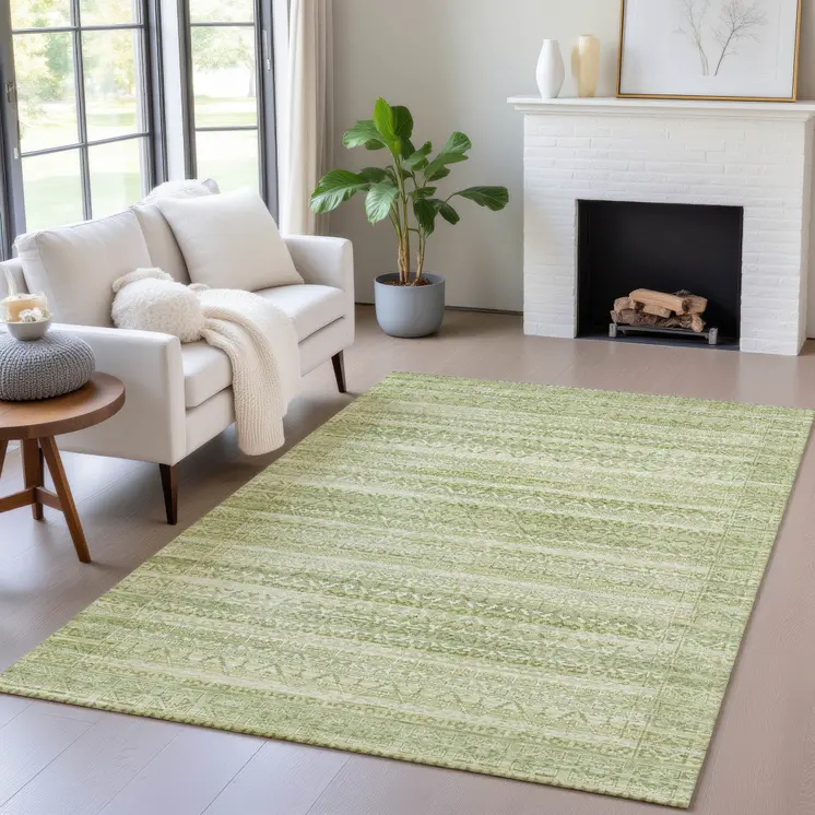 9' X 12' Sage And Ivory Striped Washable Indoor Outdoor Area Rug