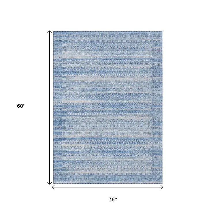 3' X 5' Sky Blue And Ivory Striped Washable Indoor Outdoor Area Rug