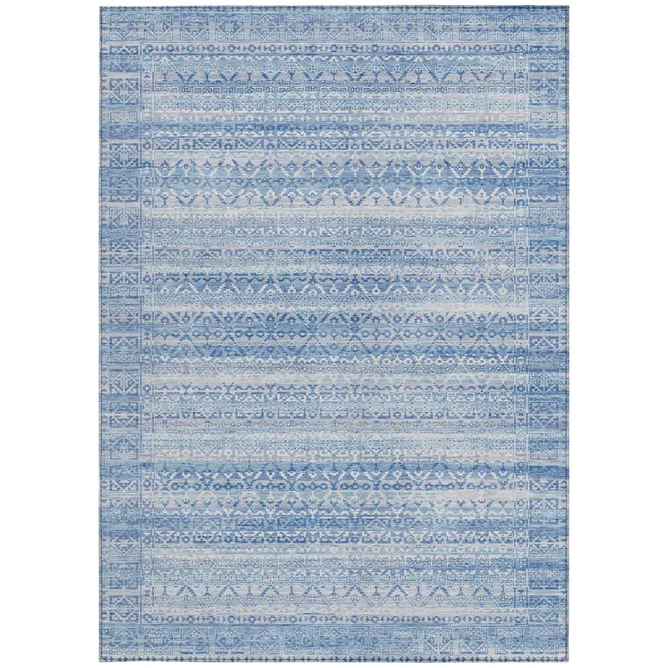 3' X 5' Sky Blue And Ivory Striped Washable Indoor Outdoor Area Rug