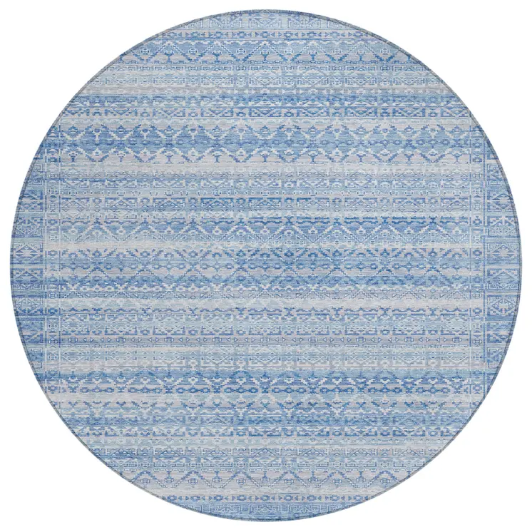 8' Sky Blue And Ivory Round Striped Washable Indoor Outdoor Area Rug