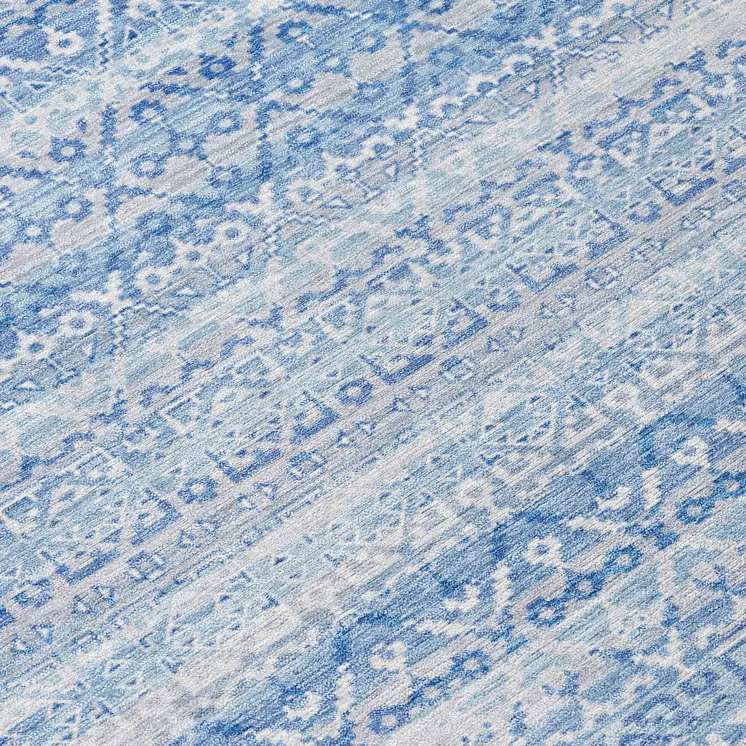 8' Sky Blue And Ivory Round Striped Washable Indoor Outdoor Area Rug