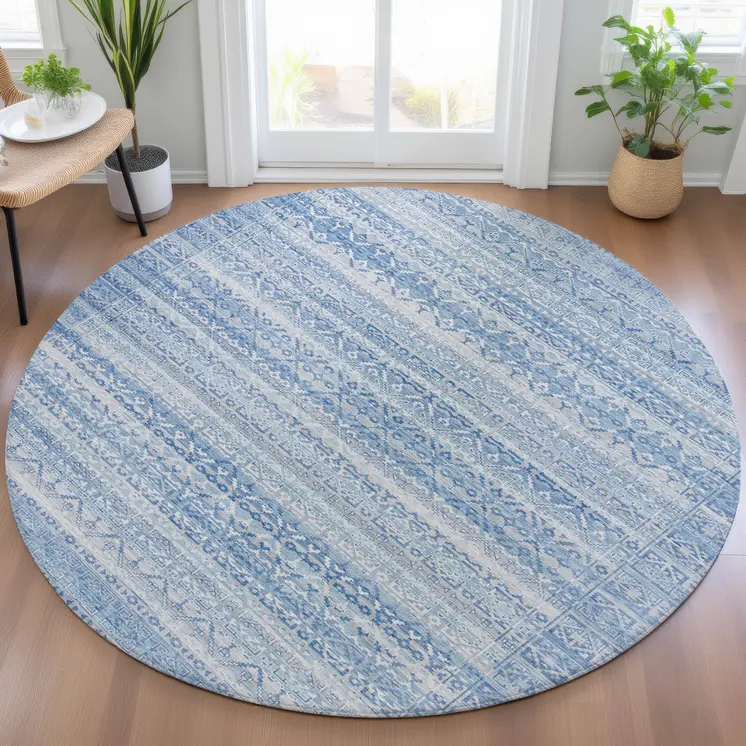 8' Sky Blue And Ivory Round Striped Washable Indoor Outdoor Area Rug