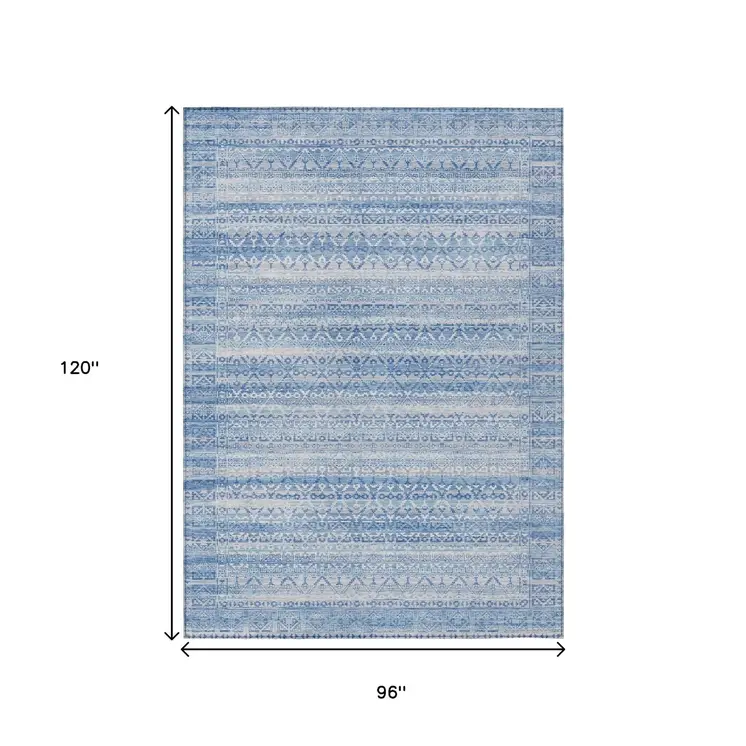8' X 10' Sky Blue And Ivory Striped Washable Indoor Outdoor Area Rug