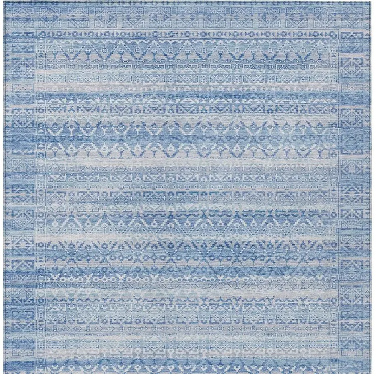 9' X 12' Sky Blue And Ivory Striped Washable Indoor Outdoor Area Rug