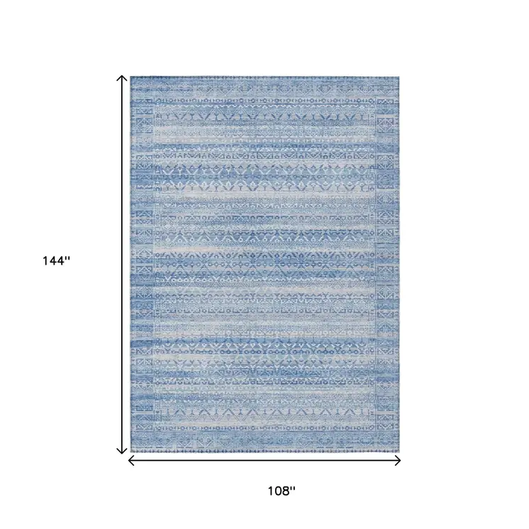 9' X 12' Sky Blue And Ivory Striped Washable Indoor Outdoor Area Rug