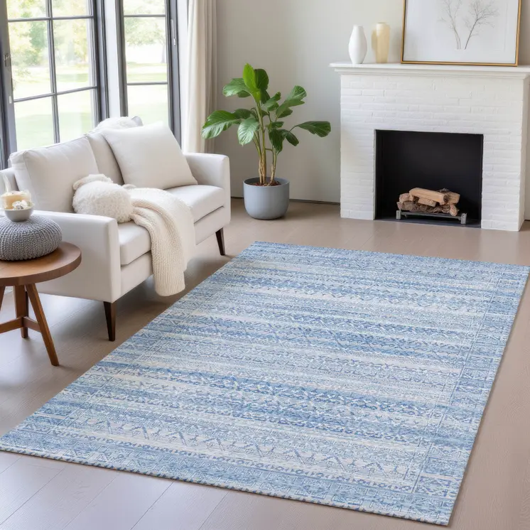 9' X 12' Sky Blue And Ivory Striped Washable Indoor Outdoor Area Rug