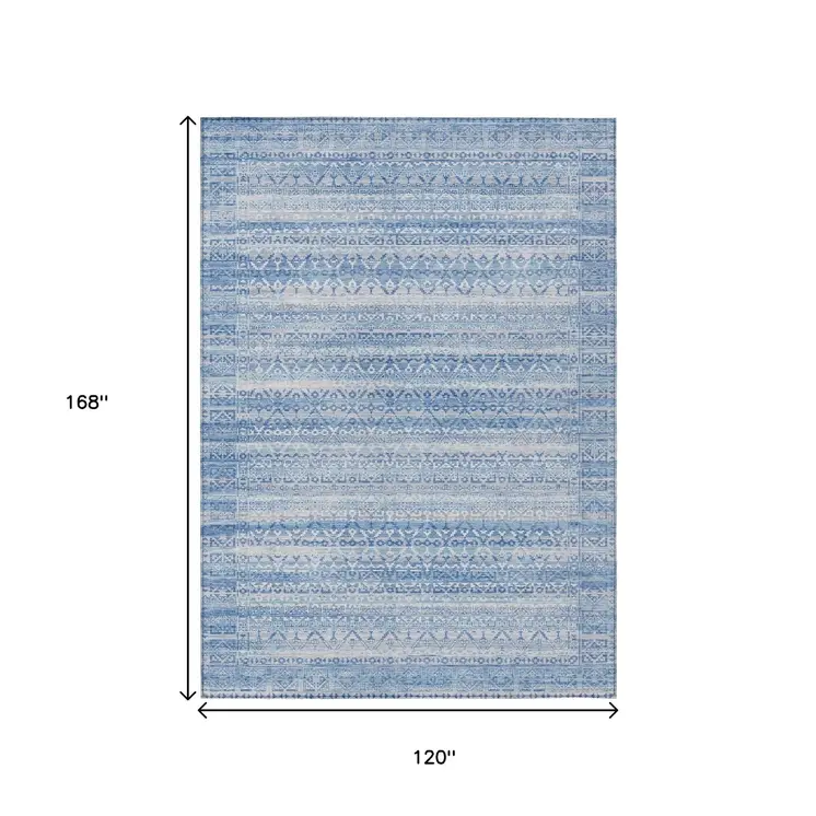 10' X 14' Sky Blue And Ivory Striped Washable Indoor Outdoor Area Rug
