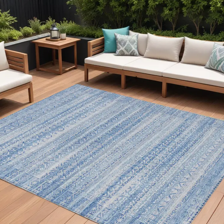 10' X 14' Sky Blue And Ivory Striped Washable Indoor Outdoor Area Rug