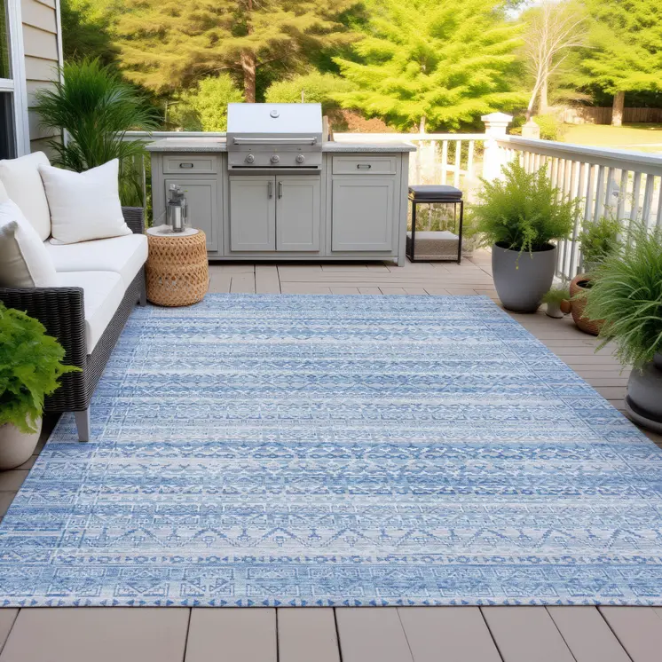 10' X 14' Sky Blue And Ivory Striped Washable Indoor Outdoor Area Rug