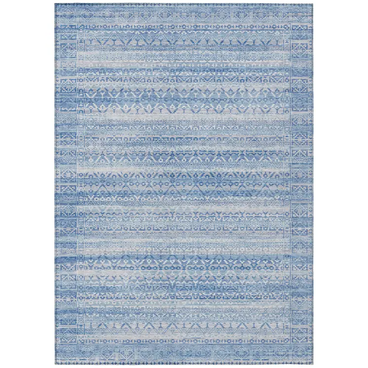 10' X 14' Sky Blue And Ivory Striped Washable Indoor Outdoor Area Rug
