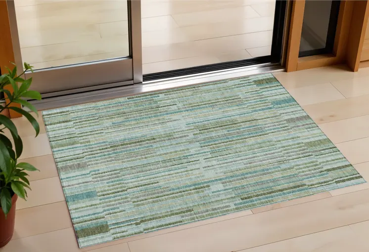 3' X 5' Artichoke Green And Teal Blue Striped Washable Indoor Outdoor Area Rug