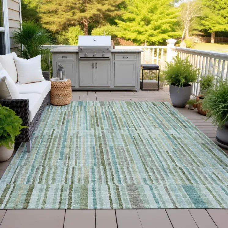 3' X 5' Artichoke Green And Teal Blue Striped Washable Indoor Outdoor Area Rug
