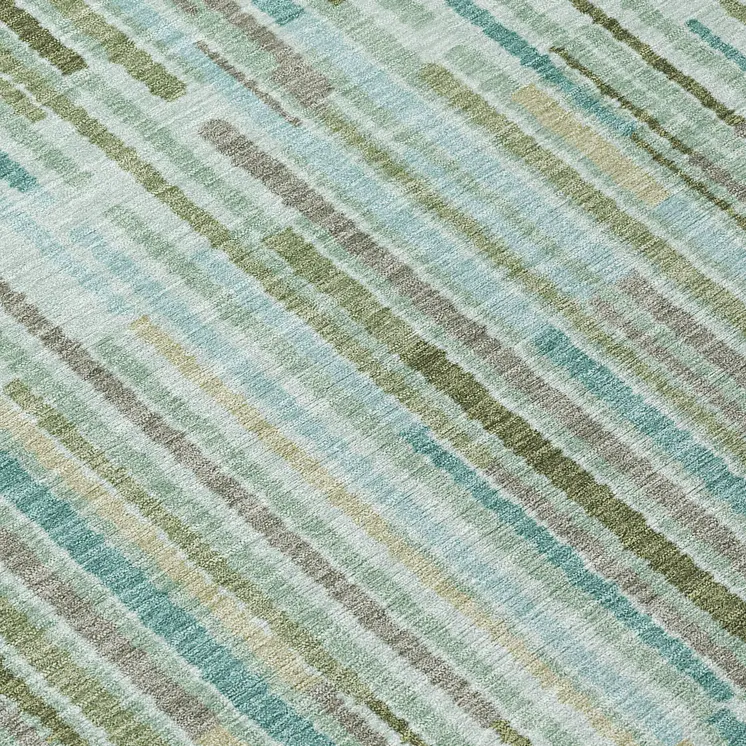 3' X 5' Artichoke Green And Teal Blue Striped Washable Indoor Outdoor Area Rug