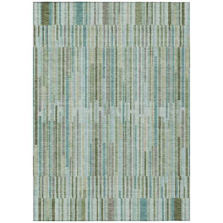 5' X 8' Artichoke Green And Teal Blue Striped Washable Indoor Outdoor Area Rug