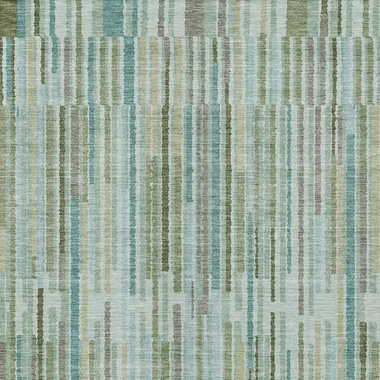 5' X 8' Artichoke Green And Teal Blue Striped Washable Indoor Outdoor Area Rug