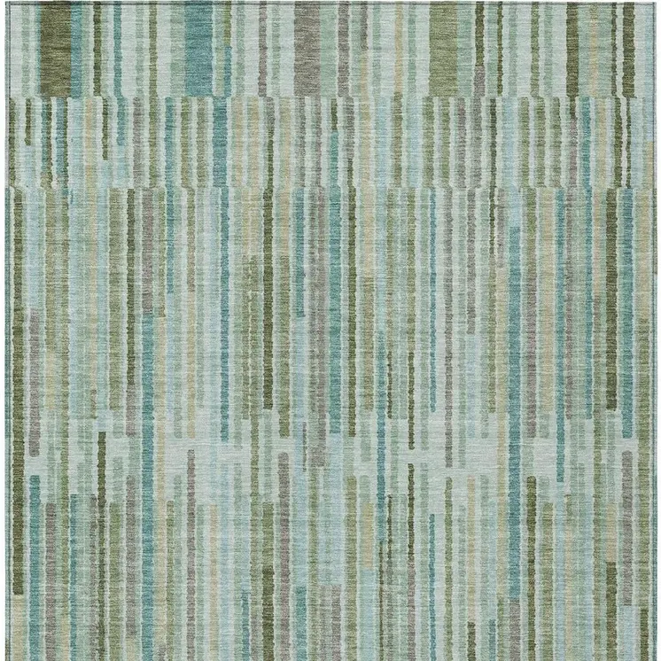 8' X 10' Artichoke Green And Teal Blue Striped Washable Indoor Outdoor Area Rug