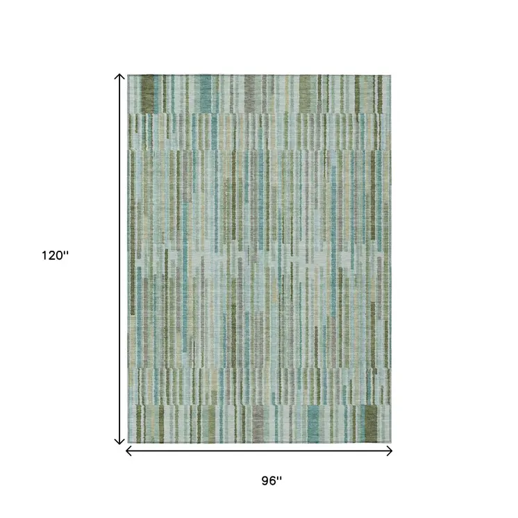 8' X 10' Artichoke Green And Teal Blue Striped Washable Indoor Outdoor Area Rug