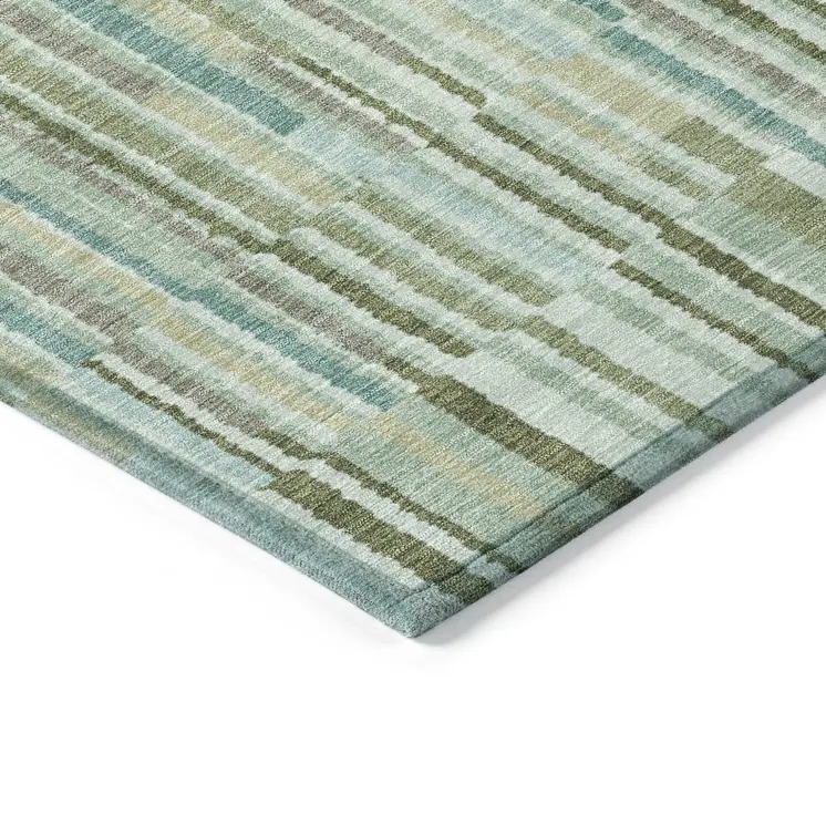 8' X 10' Artichoke Green And Teal Blue Striped Washable Indoor Outdoor Area Rug