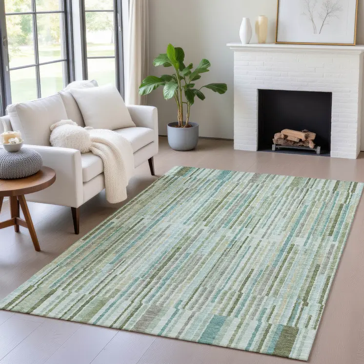 8' X 10' Artichoke Green And Teal Blue Striped Washable Indoor Outdoor Area Rug