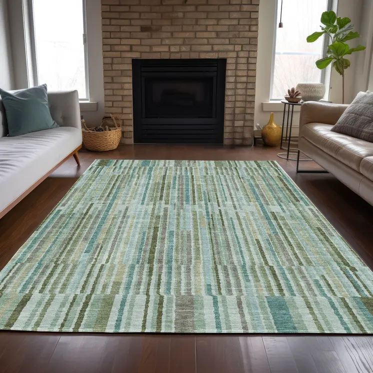 8' X 10' Artichoke Green And Teal Blue Striped Washable Indoor Outdoor Area Rug