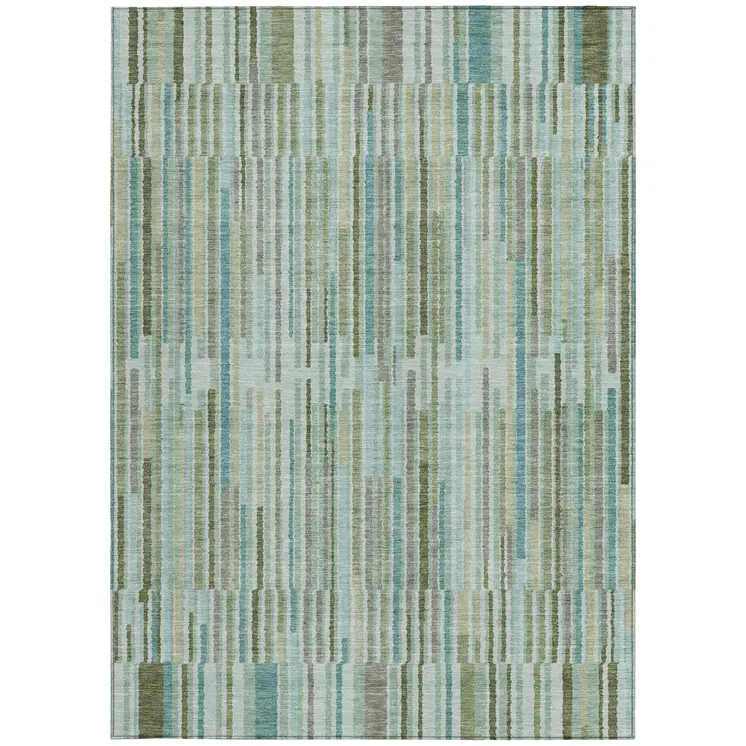 9' X 12' Artichoke Green And Teal Blue Striped Washable Indoor Outdoor Area Rug
