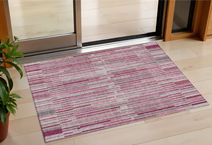 3' X 5' Blush And Ivory Striped Washable Indoor Outdoor Area Rug