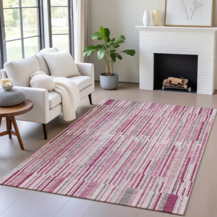 3' X 5' Blush And Ivory Striped Washable Indoor Outdoor Area Rug